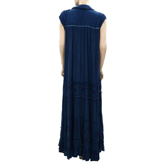 Free People Pretty Cozy Maxi Dress Buttondown Tiered Lace Embroidered XS 265211 - Picture 8 of 9